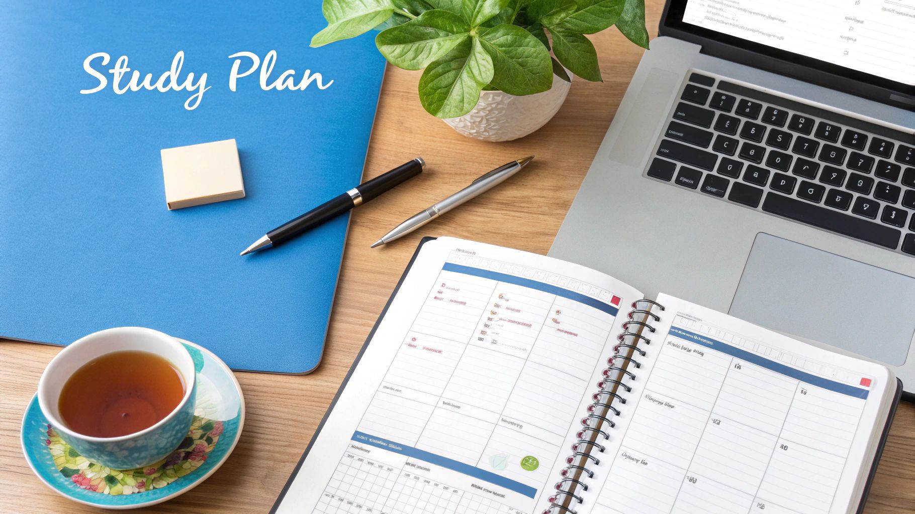 A person creating a study schedule in a planner, with a laptop and coffee nearby, symbolizing organized learning.