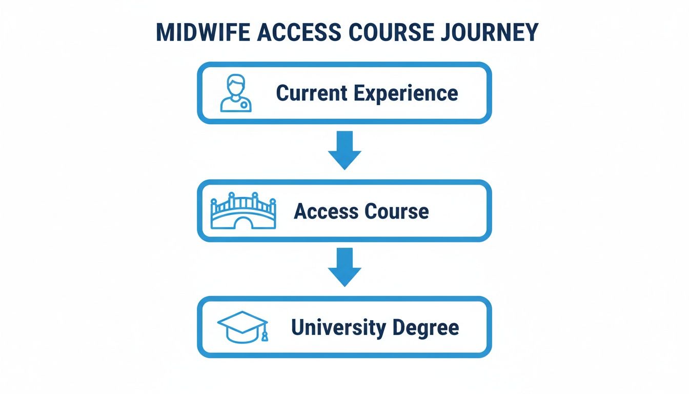 Flowchart illustrating the Midwife Access Course journey, from current experience through an access course to a university degree.