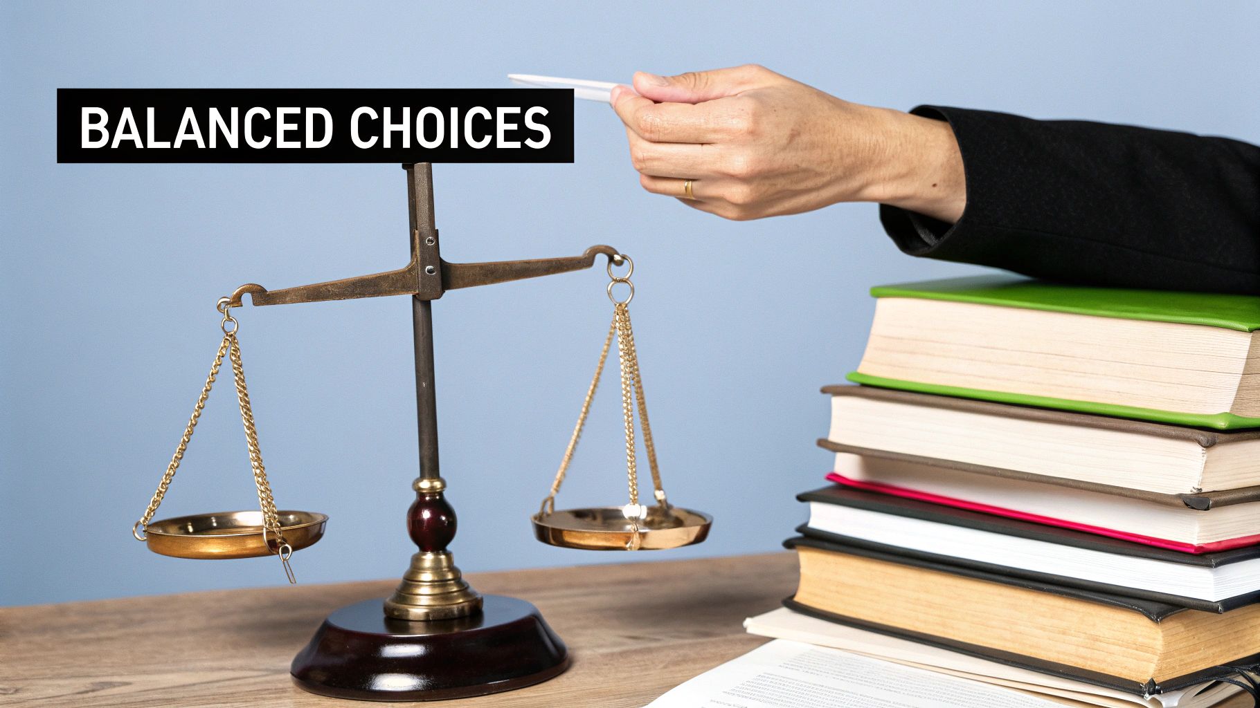 A hand places a white paper onto a balance scale next to a stack of law books, symbolizing balanced choices.