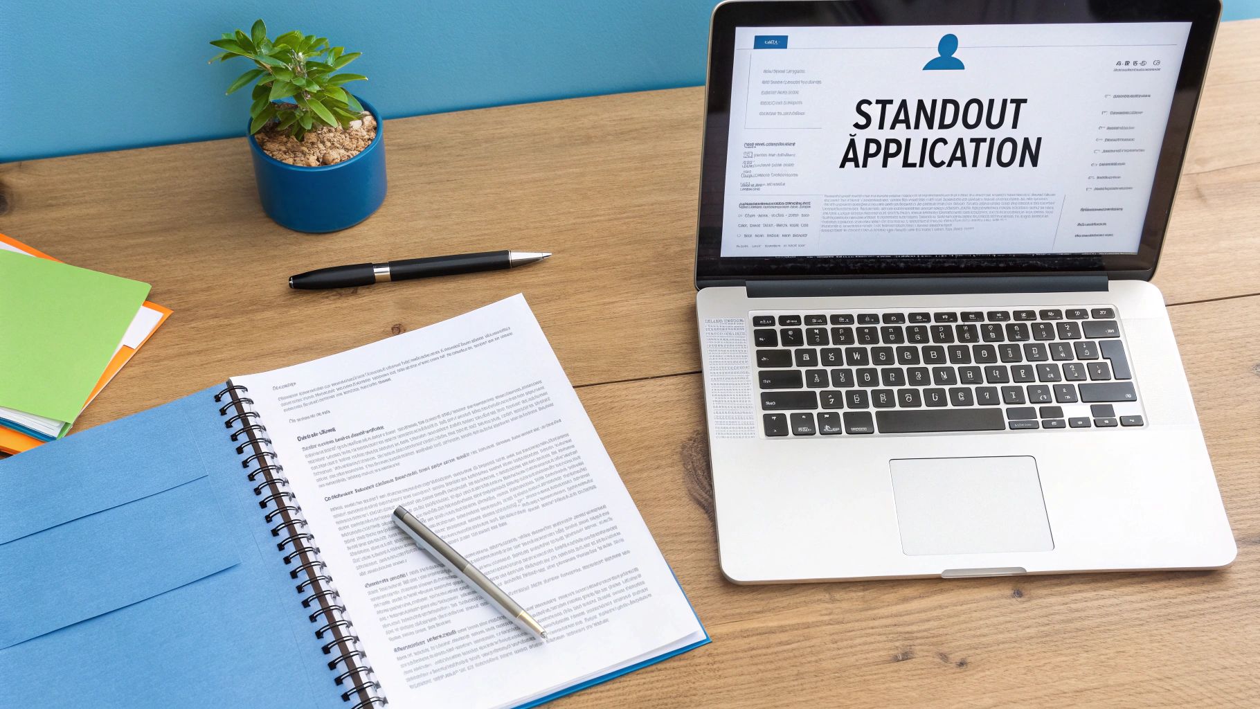 Laptop displaying standout application template with notebook and pen on wooden desk for career planning