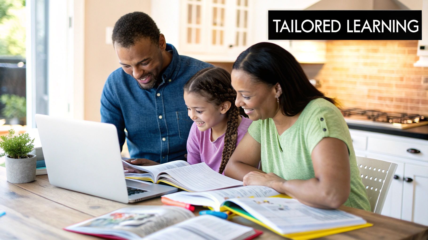 A mother and daughter smiling while working on a laptop at a kitchen table.