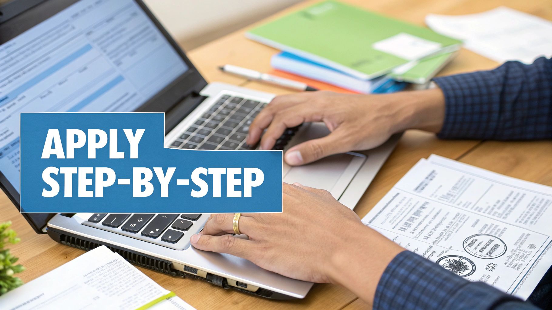 A mature student sits at a desk, focused on filling out an online application on a laptop, with documents and a cup of tea nearby.