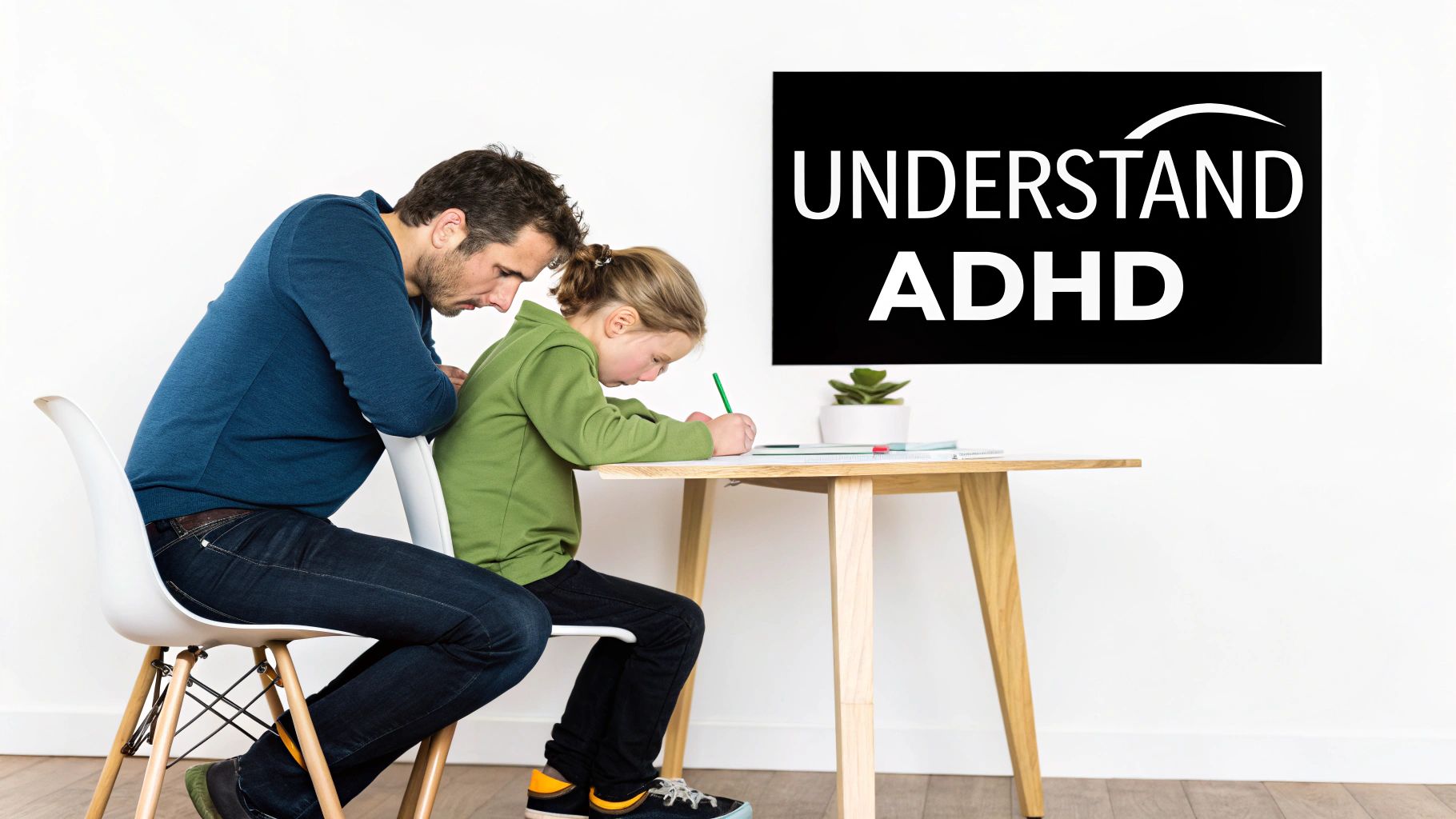 A man helps a young girl with homework at a table, next to a sign saying 'Understand ADHD'.