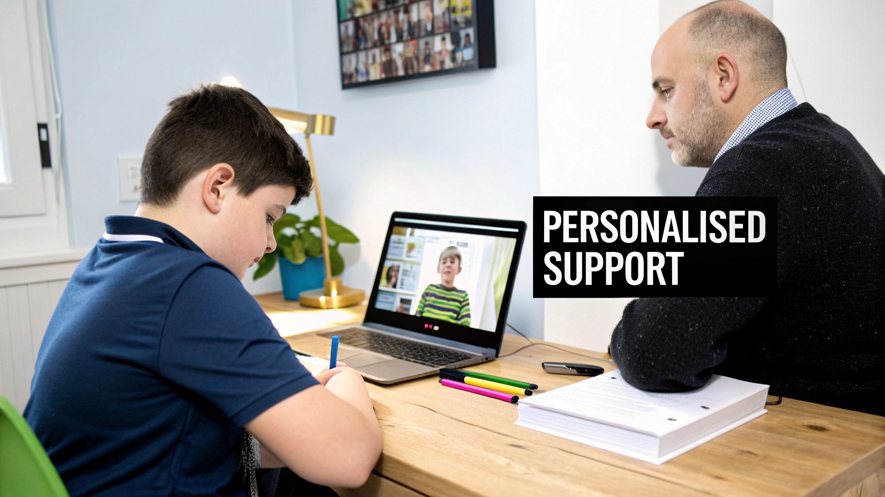 A young boy receives personalized online support from an adult while watching a virtual lesson on a laptop.