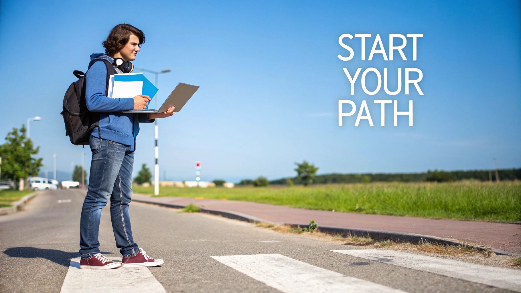 Young student with laptop and backpack standing outdoors ready to start educational journey
