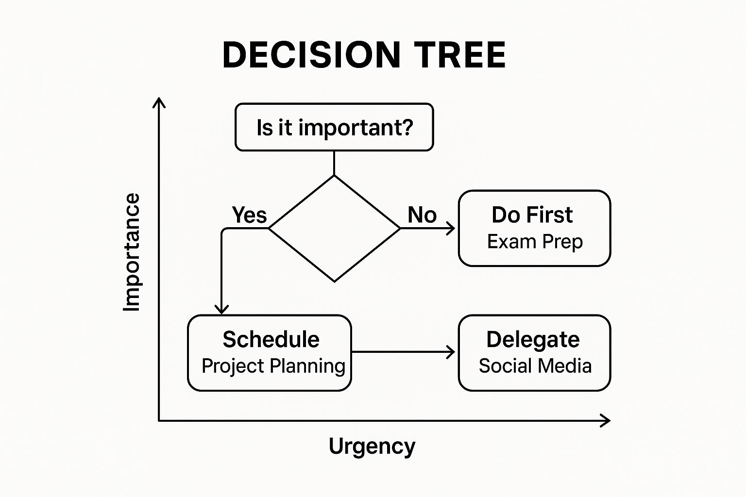Infographic showing the Eisenhower Matrix with example tasks 'Exam Prep' in Important/Urgent, 'Project Planning' in Important/Not Urgent, and 'Social Media' in Not Important/Urgent.