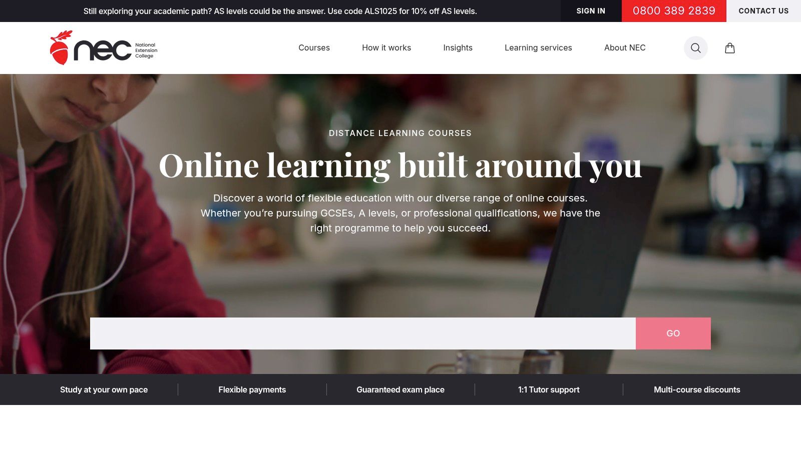 A screenshot of the National Extension College (NEC) website, showing a clean interface with course categories for GCSEs and A-Levels.