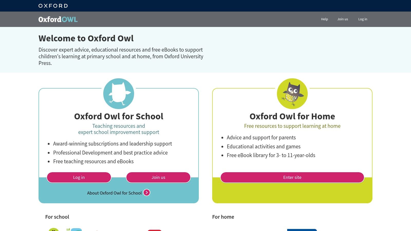 A screenshot of the Oxford Owl website homepage, featuring its friendly owl mascot and clear navigation to its free eBook library and parent support sections.