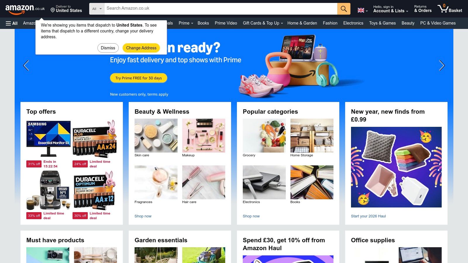 A screenshot of the Amazon.co.uk website, displaying the search bar and a variety of product categories including books and educational toys.
