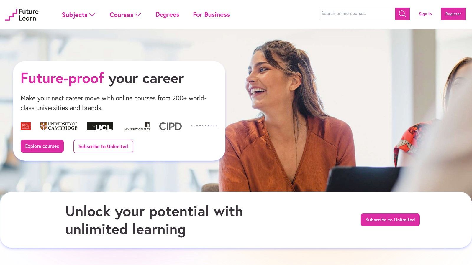 FutureLearn platform interface showing a selection of online courses