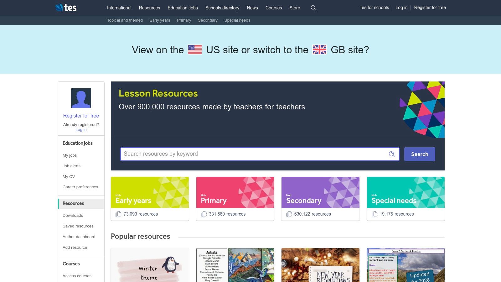 A screenshot of the Tes Resources website, showing a search bar and categories for different Key Stages and subjects.
