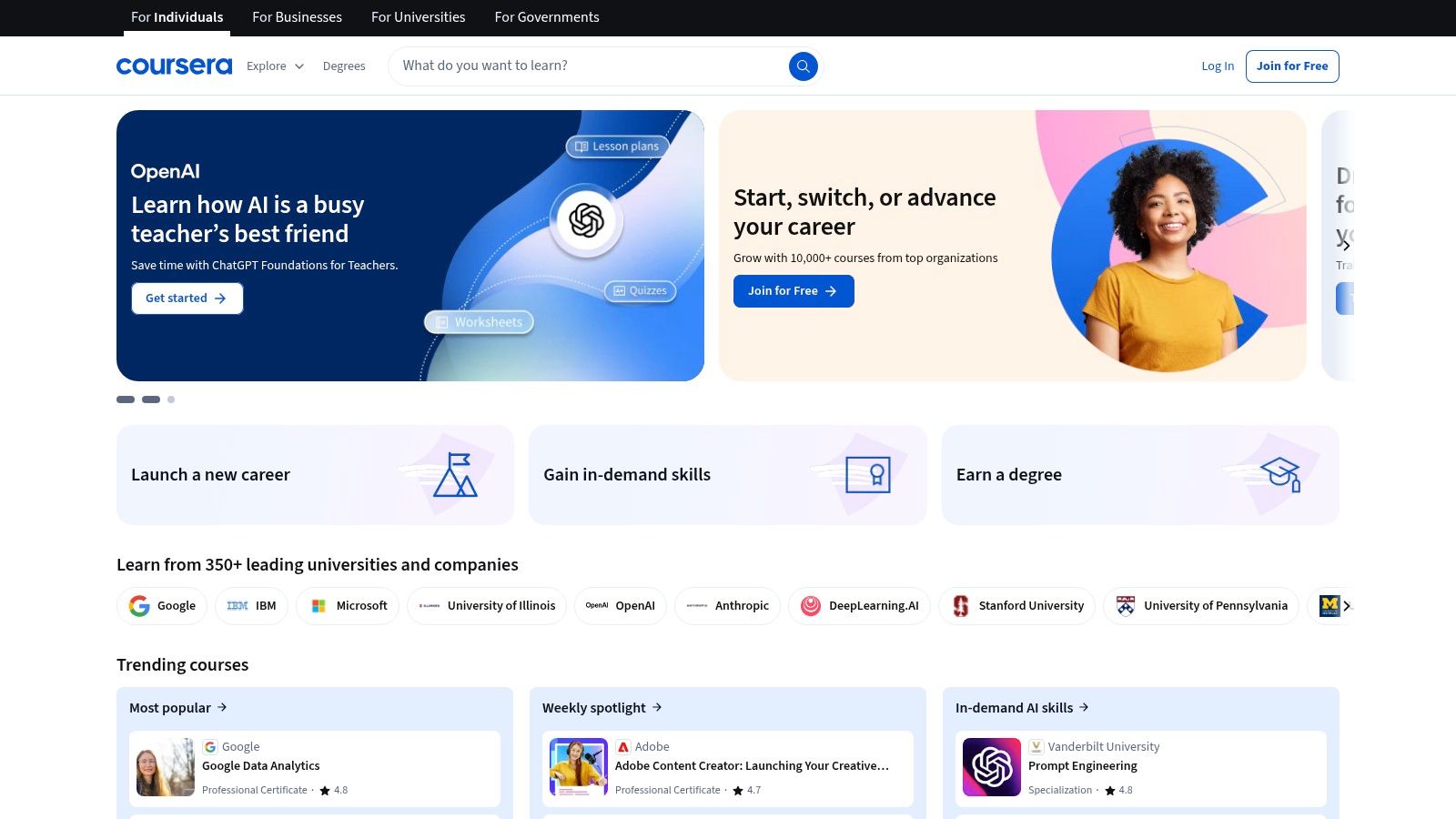 Coursera platform interface showing course options and categories