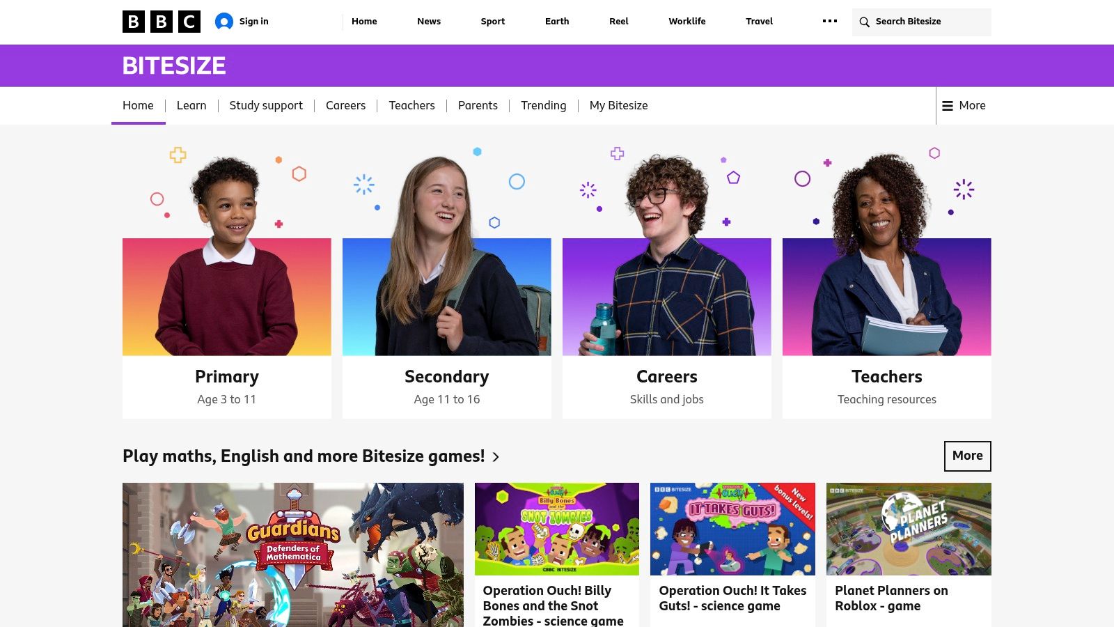 BBC Bitesize website homepage, showing a clean interface with clear navigation for different key stages and subjects.