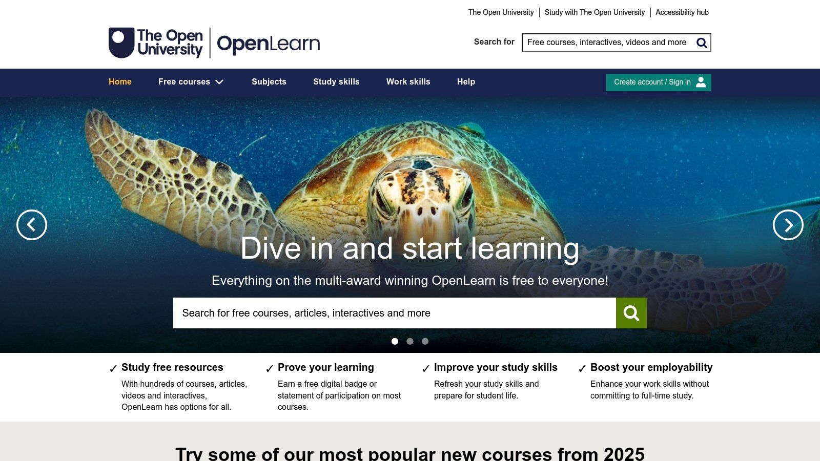 OpenLearn platform interface showing a selection of free courses from The Open University