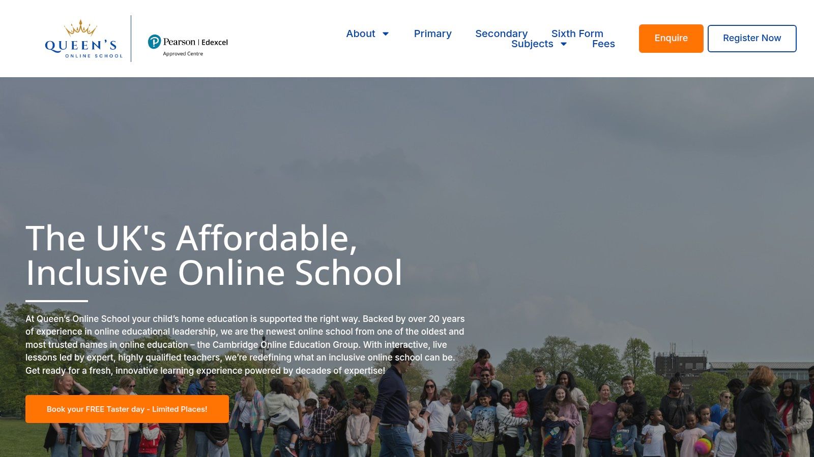 A collage of images showing a young student smiling while using a laptop, a close-up of a teacher on a screen during a live lesson, and two older students collaborating on a project online, all representing the Queens Online School experience.