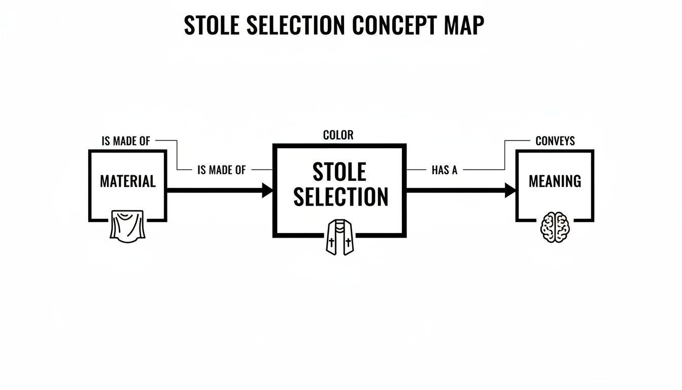 A concept map illustrating stole selection based on material, color, and meaning.