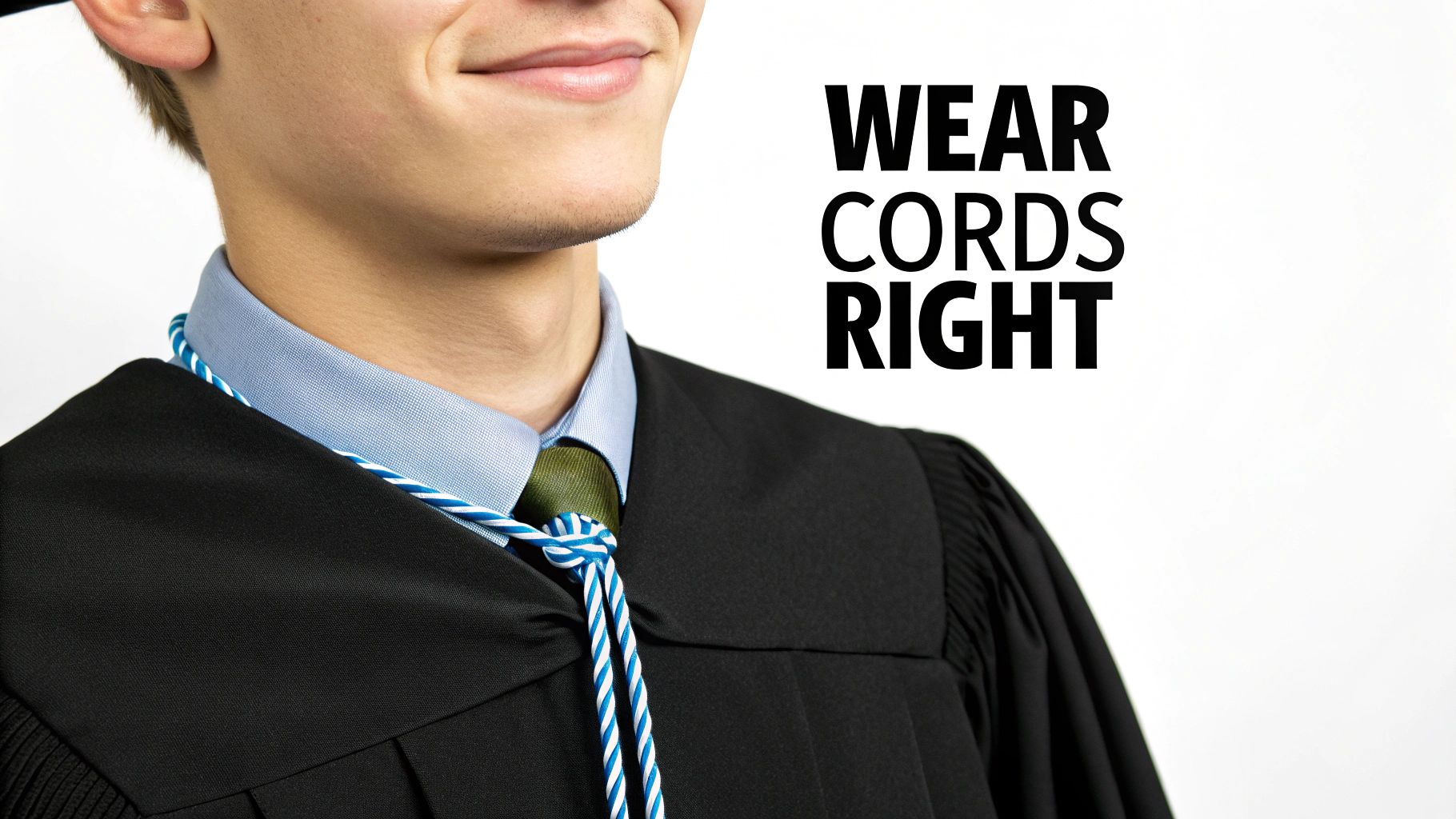 A graduating student correctly wearing a gold honor cord over their black gown.