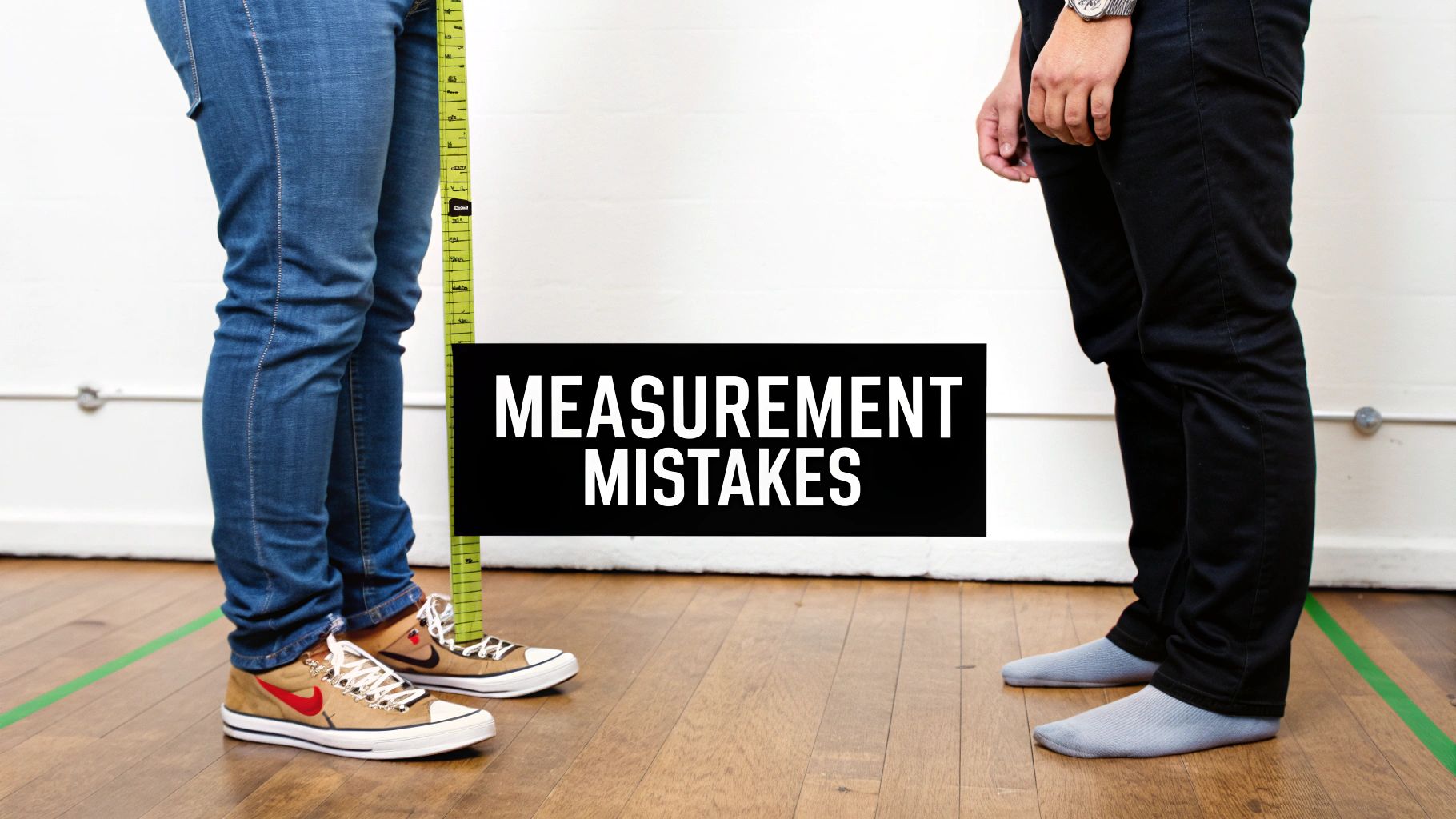 Two people standing with measuring tape between them demonstrating common measurement mistakes for clothing sizing