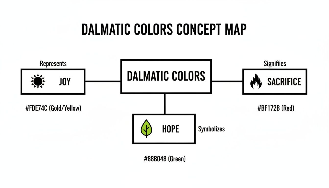 A concept map showing dalmatic colors and their associated meanings: joy, sacrifice, and hope.