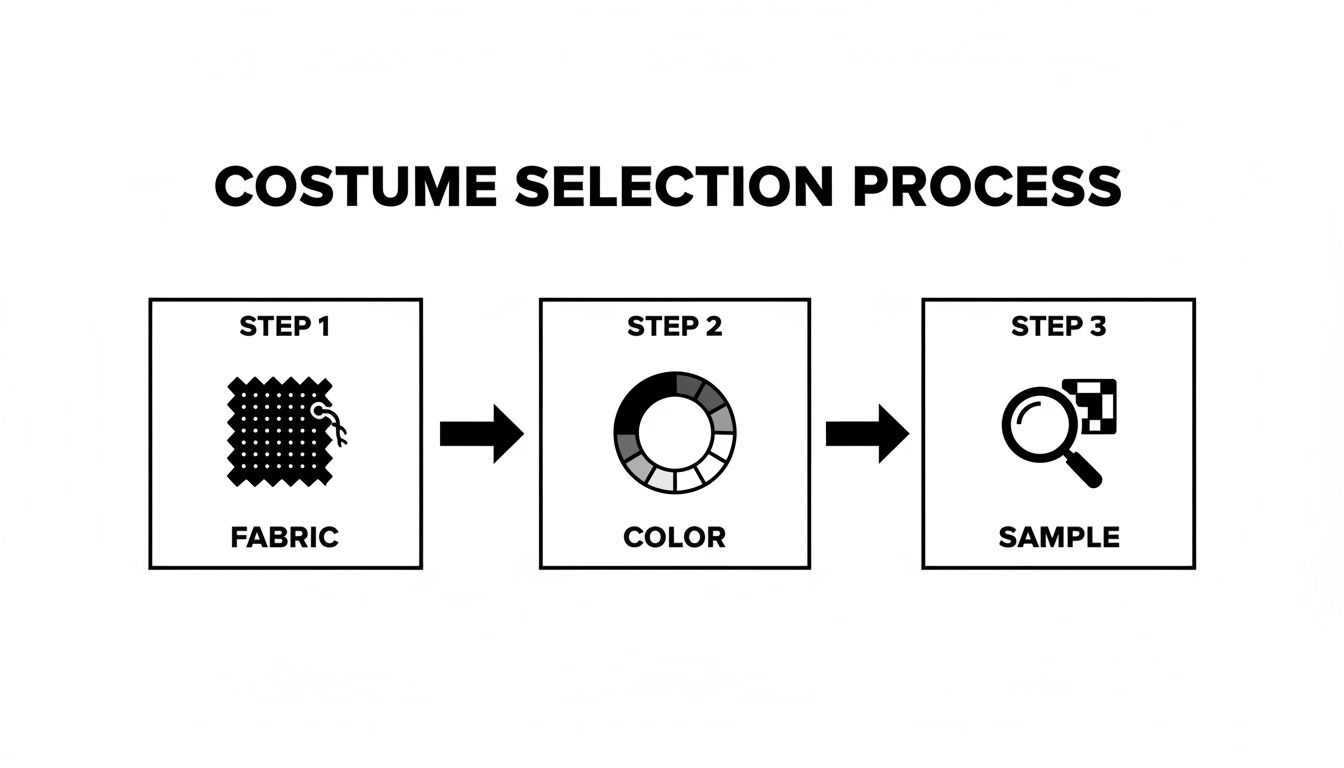 Infographic showing a three-step costume selection process: choosing fabric, selecting color, and reviewing samples.