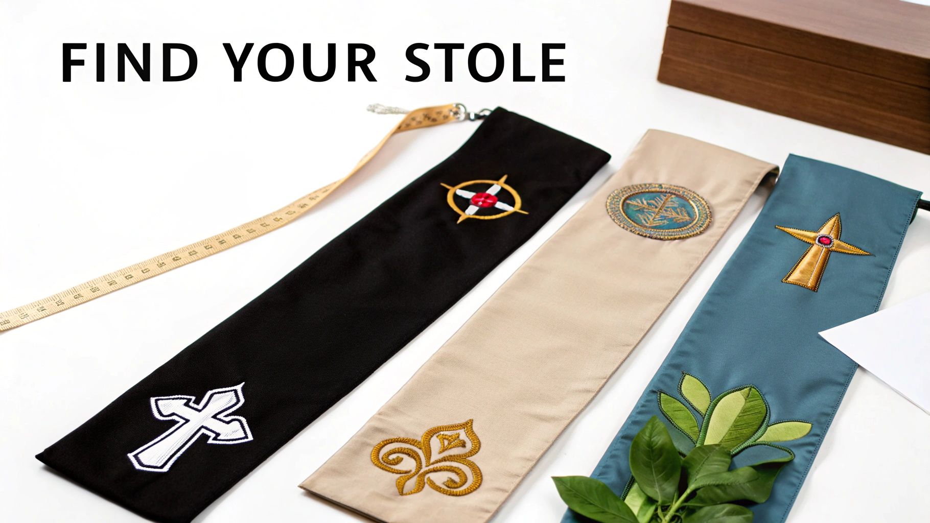 Four religious stoles in black, beige, and teal with various embroidered symbols and designs.