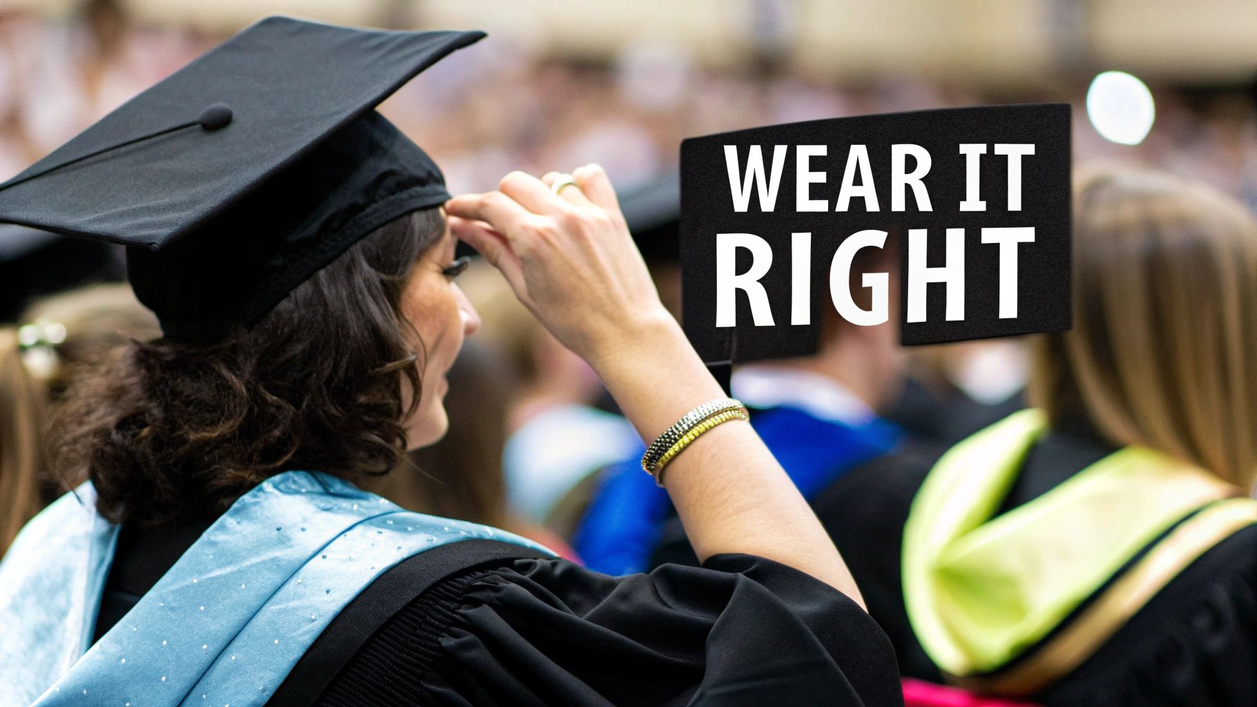 A graduate in a black cap and gown adjusts her cap, with a sign saying 'WEAR IT RIGHT'.
