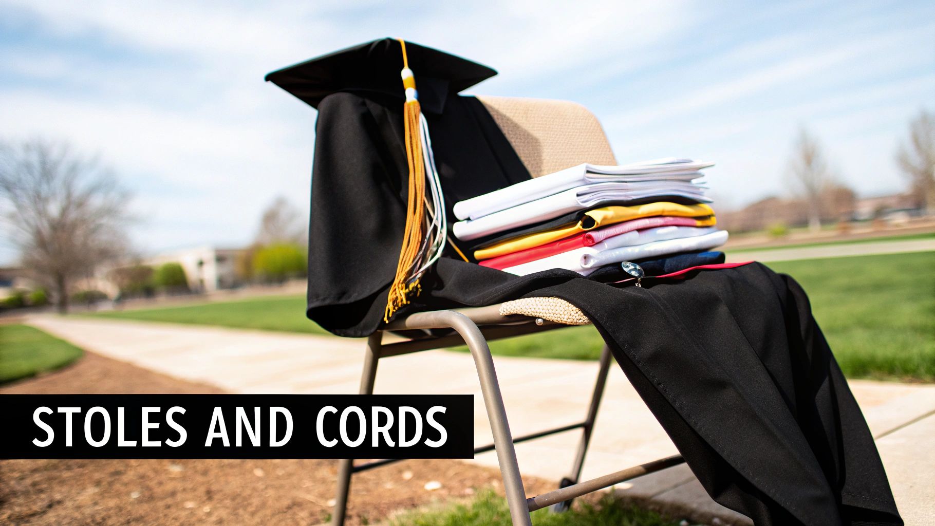 A black graduation cap, gown, multicolored tassel, and academic stoles draped on a chair outdoors.