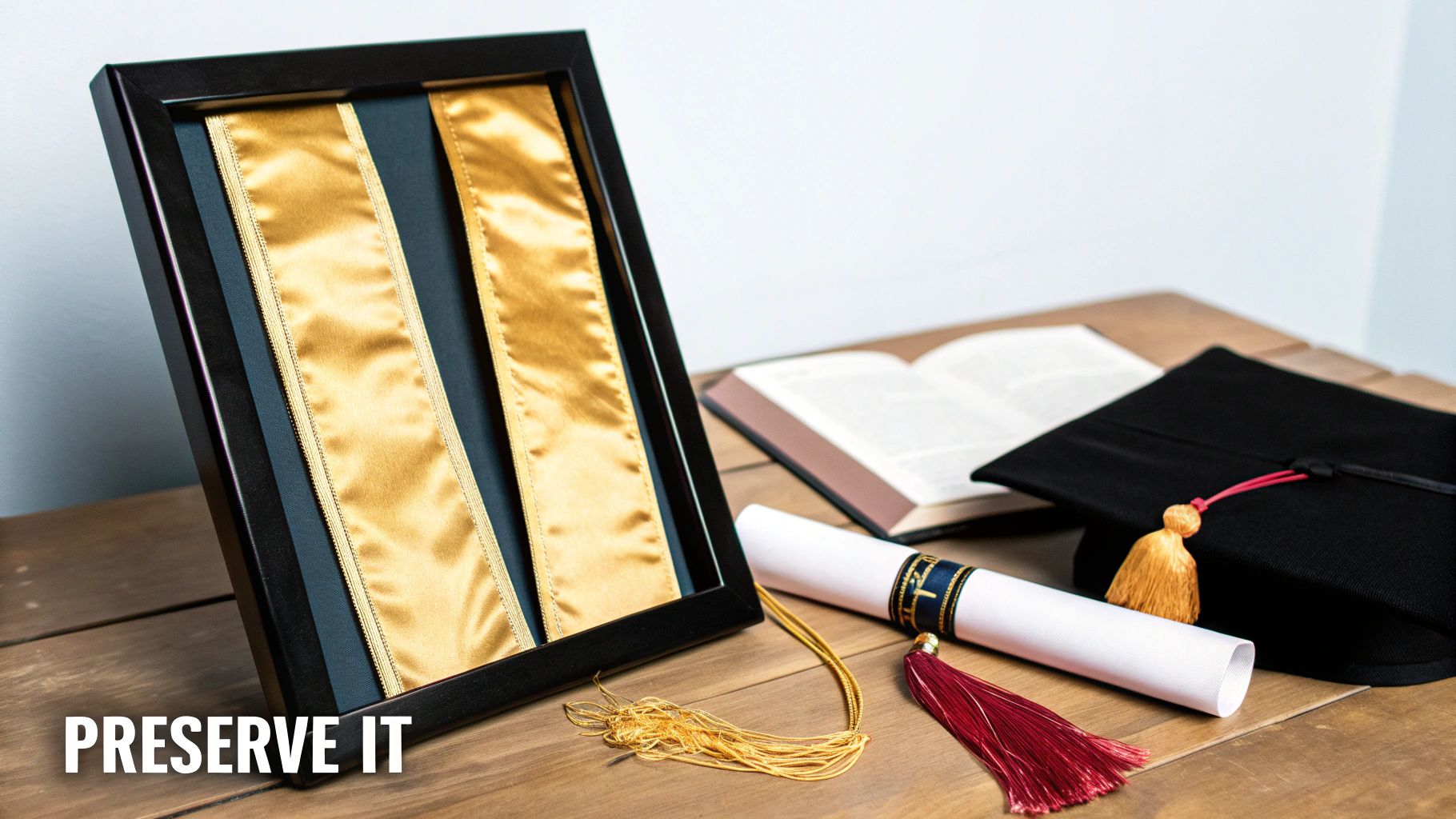Gold graduation stoles framed, alongside a diploma, graduation cap, and open book on a wooden table.