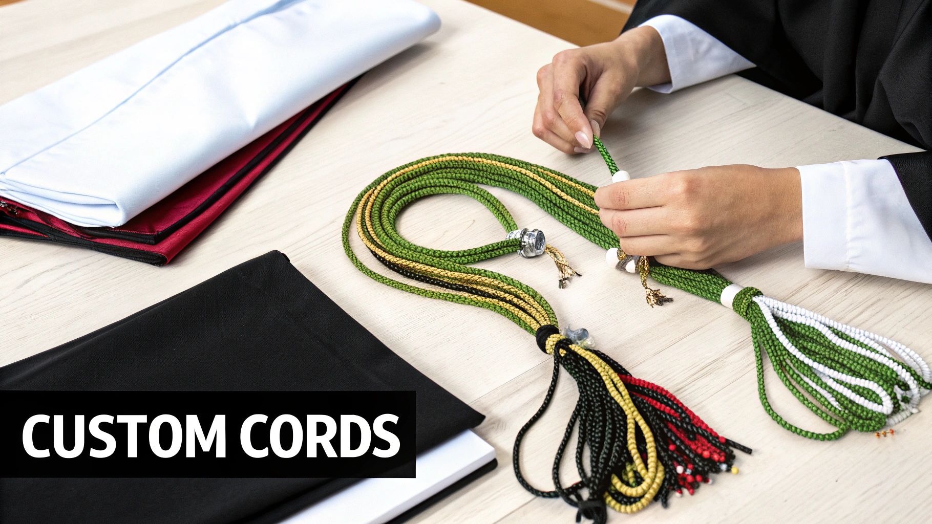 Hands crafting vibrant green, gold, and red graduation honor cords on a table with folded academic stoles.