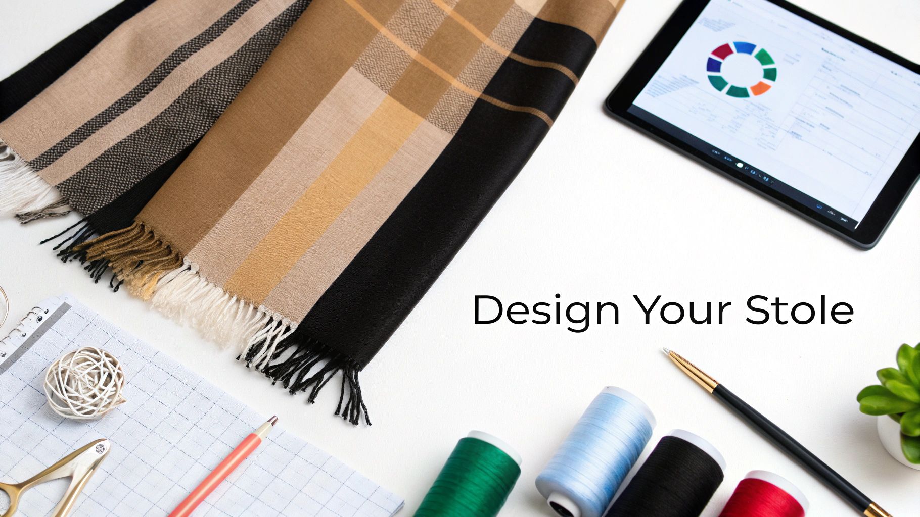 A flat lay of striped and plaid stoles with spools of thread, a tablet, and design tools.