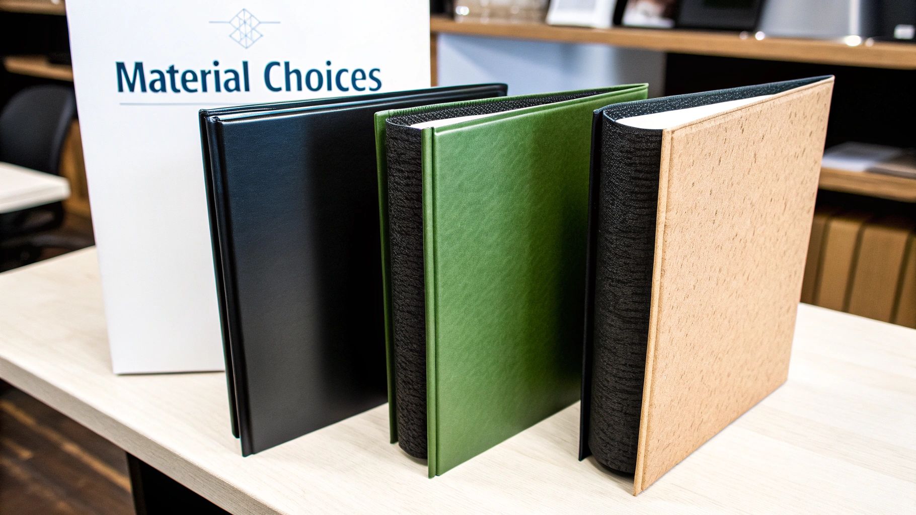 Showcasing three presentation binders in black, green, and textured beige, highlighting material options.