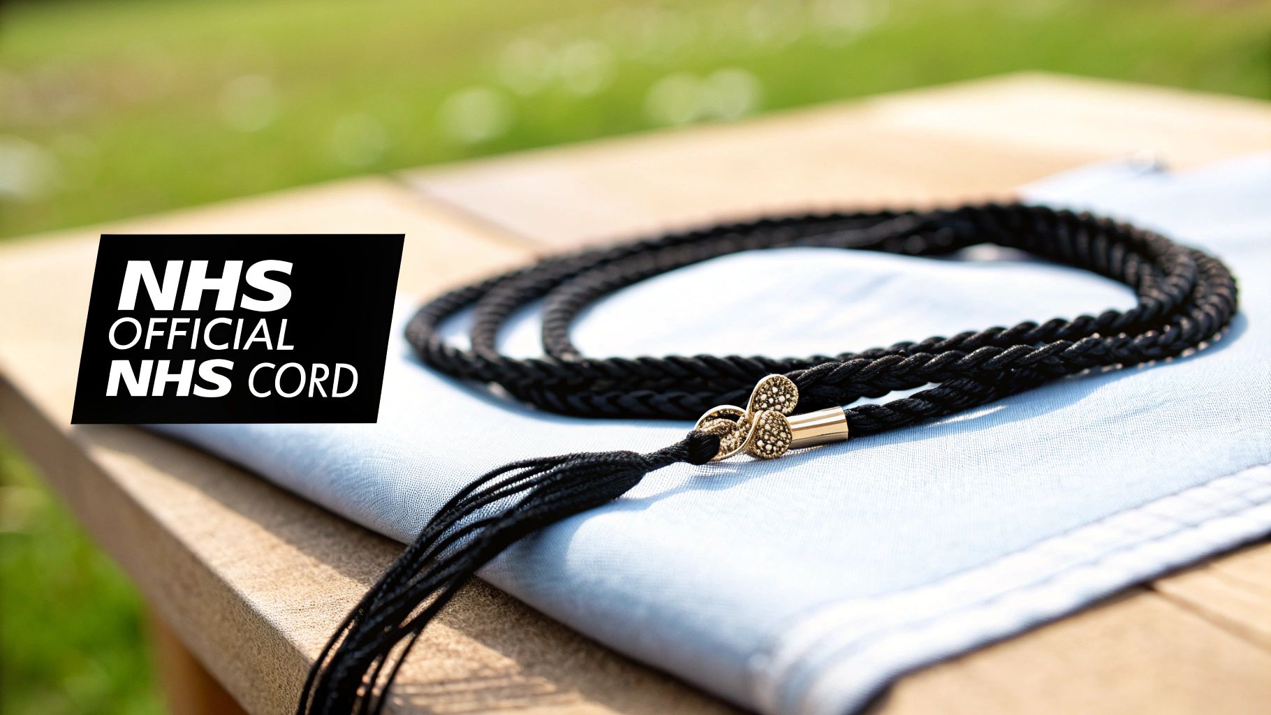A black braided NHS honor cord with a gold decorative clasp, coiled on a light blue stole.