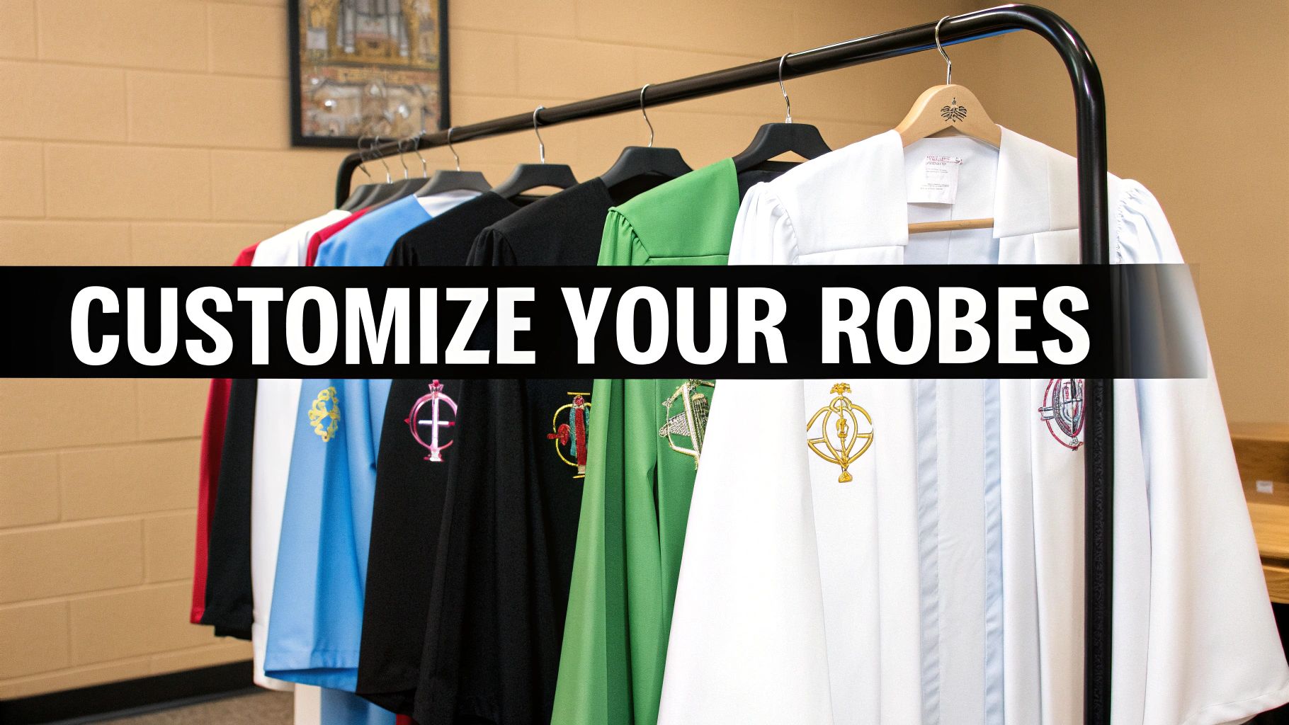 A rack of colorful custom choir robes with embroidered symbols, promoting personalization services.