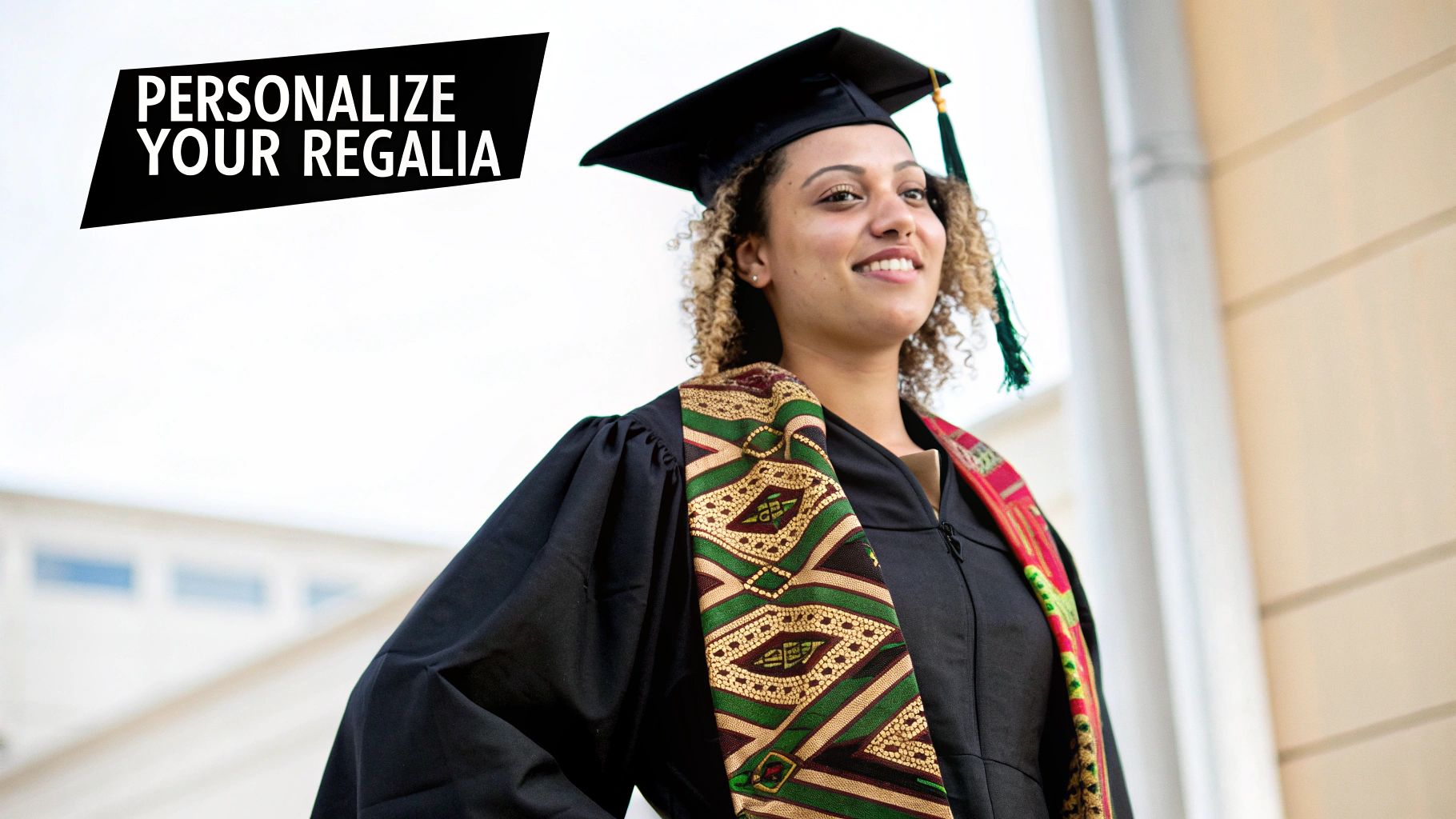 Smiling graduate wearing a cap, gown, and colorful Kente stole, with text 'Personalize Your Regalia'.