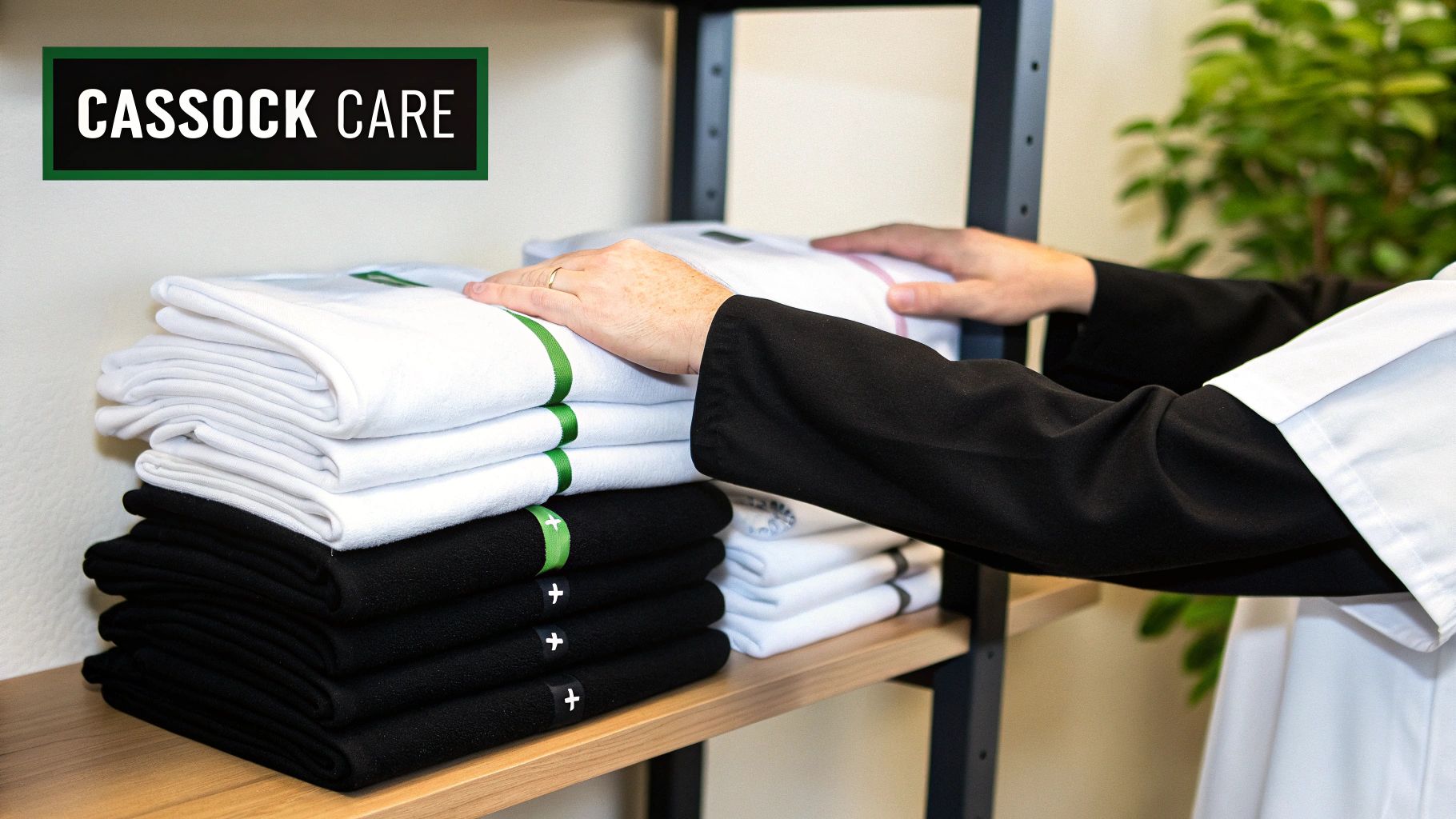 A person neatly organizing stacks of folded white and black altar server cassocks on a wooden shelf.