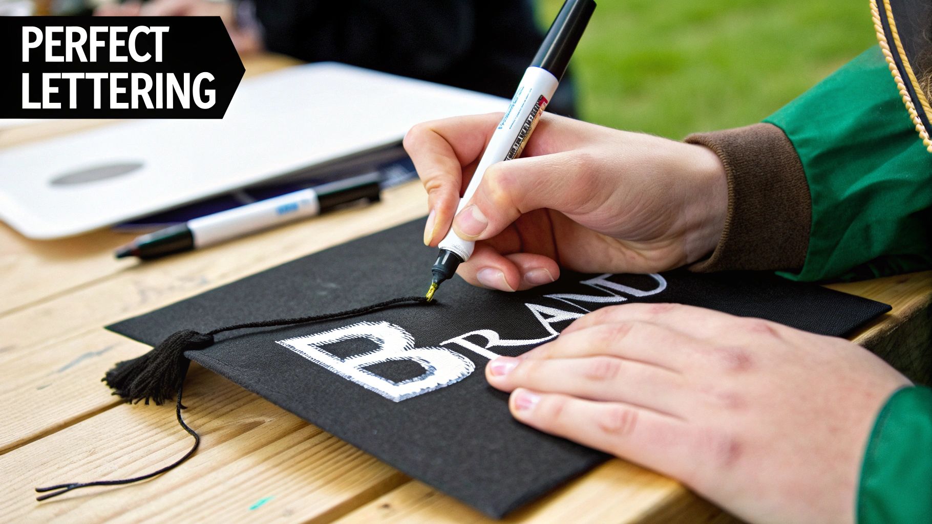 Close-up of hands decorating a black graduation cap with white marker and 'BRAND' lettering.