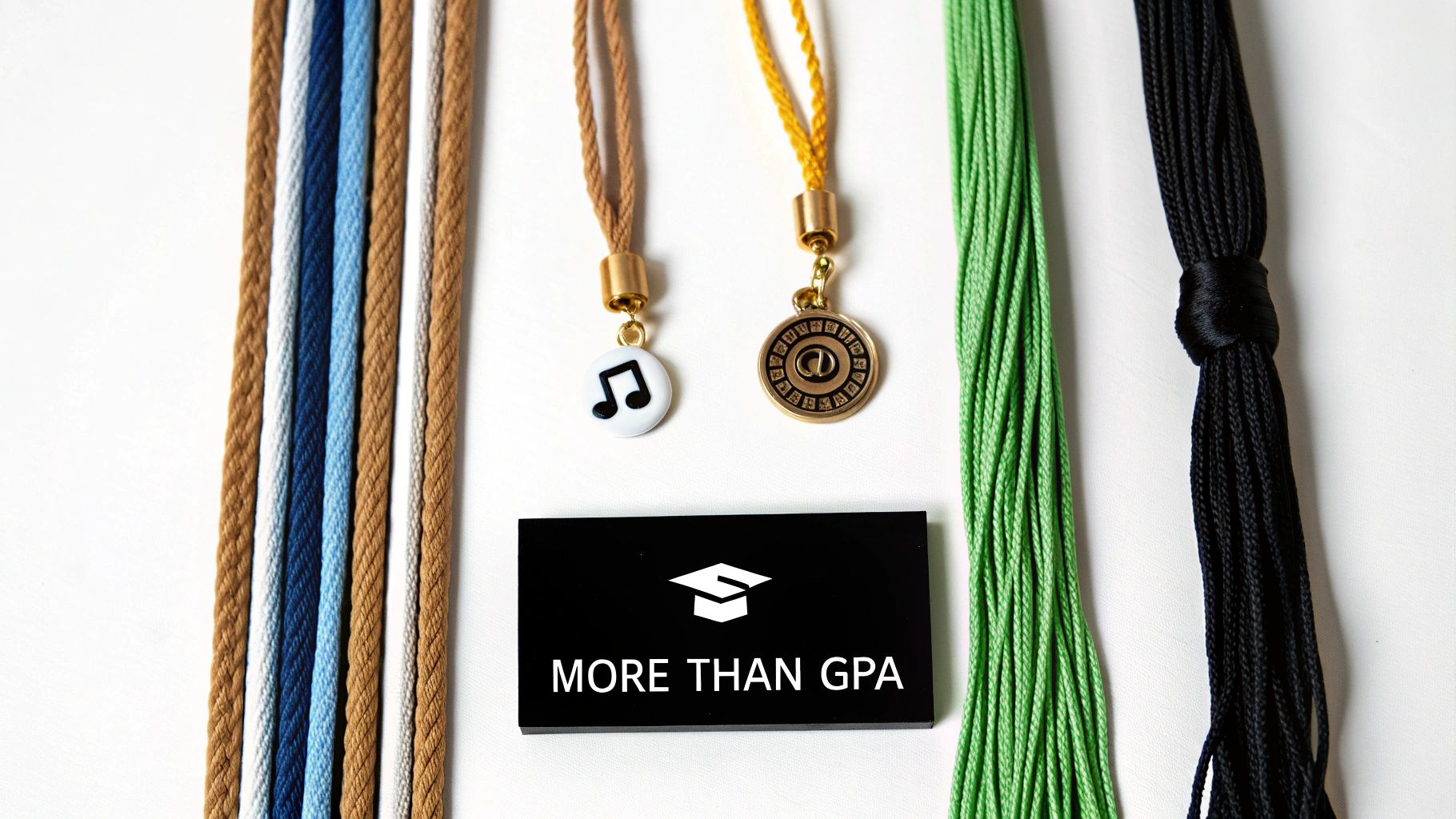 Graduation cords in various colors, academic pendants, and a 'MORE THAN GPA' plaque on a white surface.