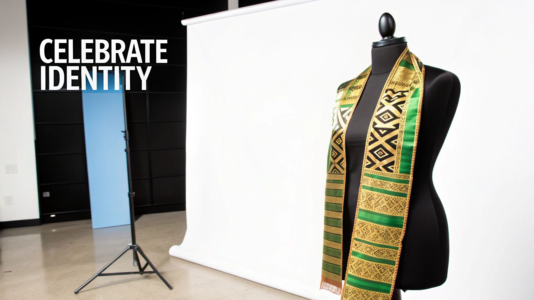 Elegant gold and green identity stole on a black mannequin in a photography studio setting.