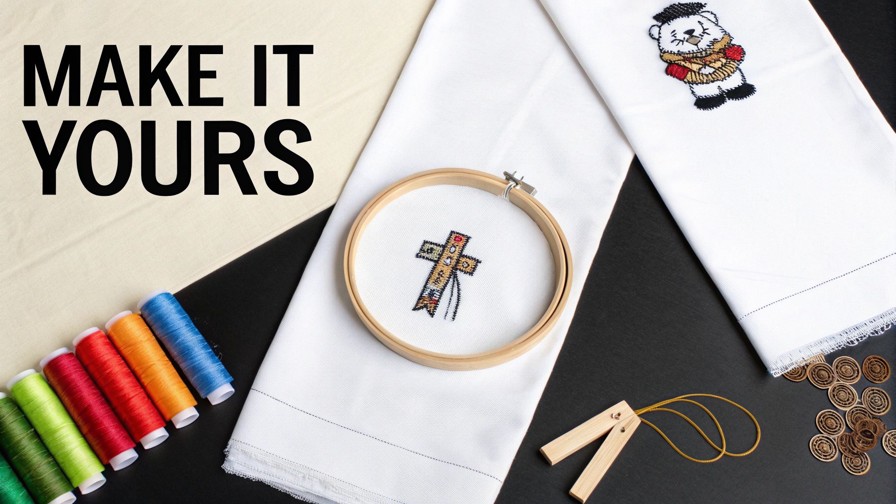 A vibrant flat lay of embroidery crafting supplies, featuring colorful threads, cross-stitch designs, and wooden accessories.