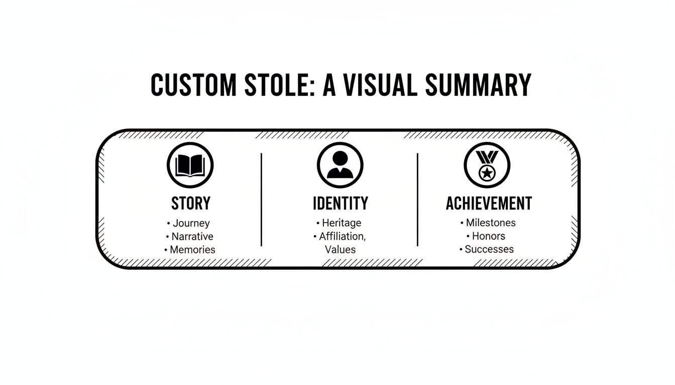 Visual summary of a custom stole's elements: story, identity, and achievement, with examples.