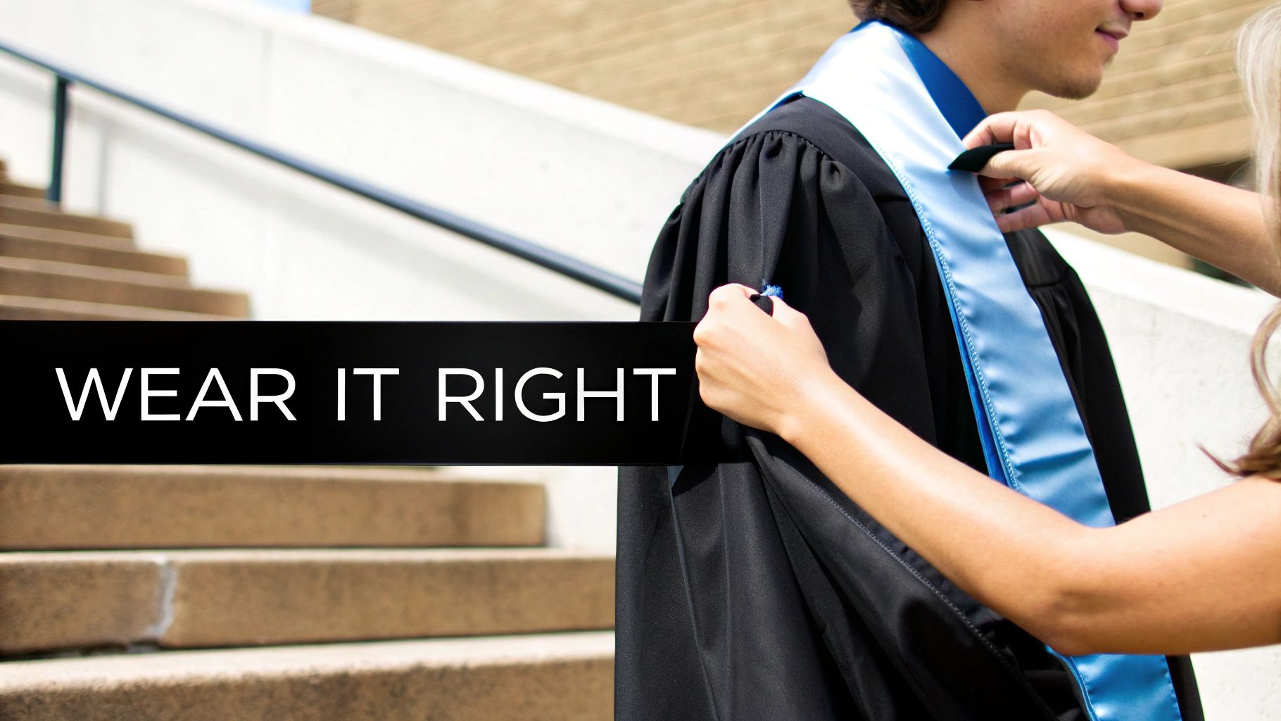 Hands adjusting a light blue graduation stole on a person wearing a black gown, with 'WEAR IT RIGHT' text.