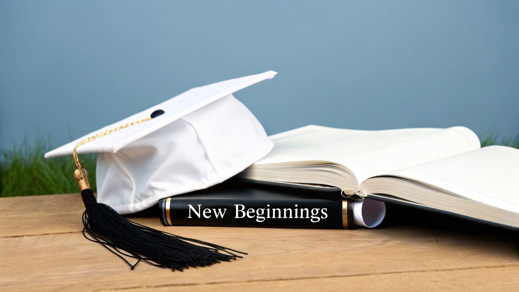 A white graduation cap, a 'New Beginnings' diploma scroll, and an open book on a wooden desk.