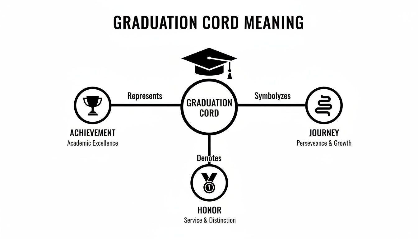 A diagram illustrates the meaning of a graduation cord, representing achievement, symbolizing journey, and denoting honor.