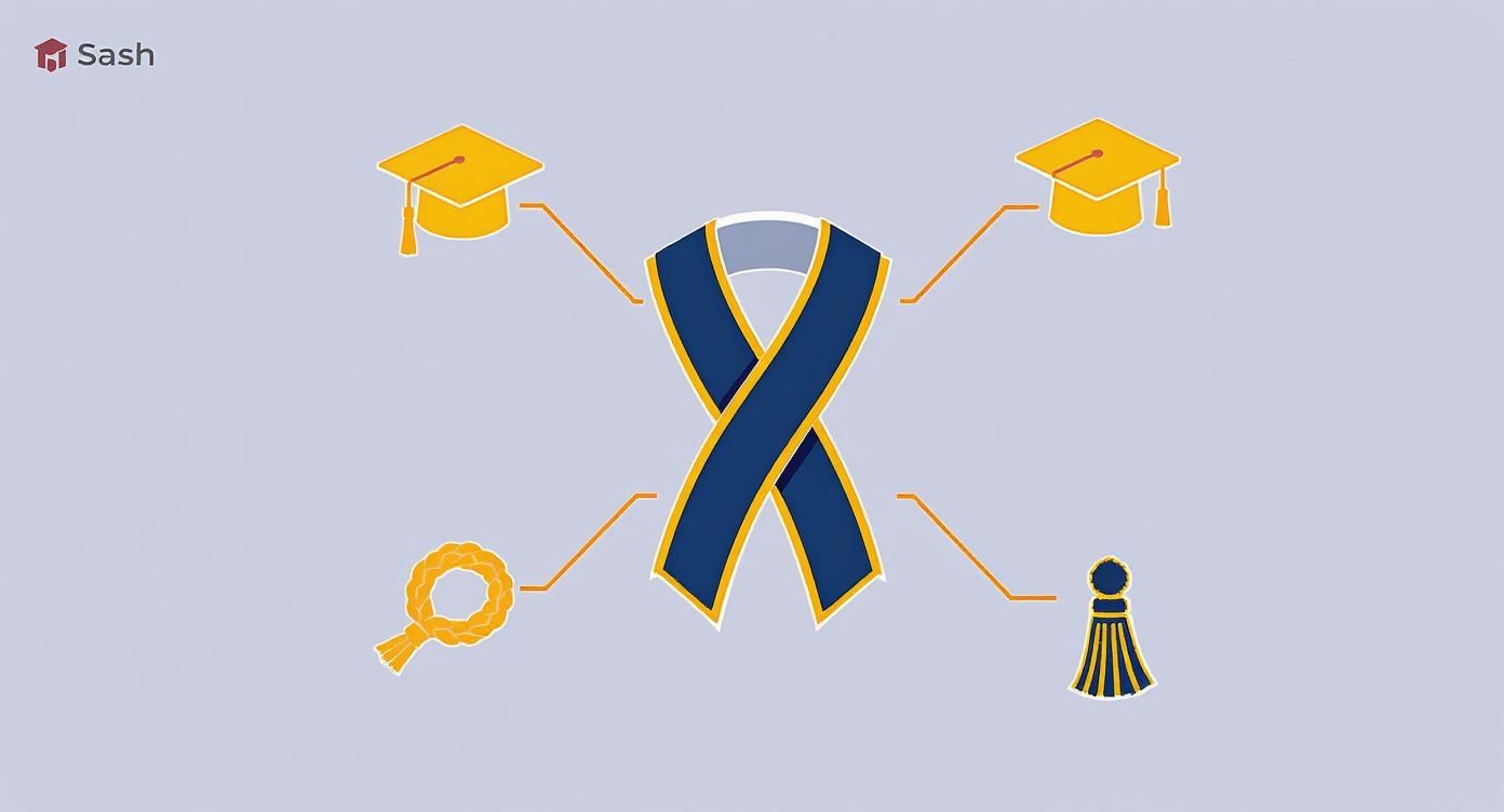 A graphic displaying a blue and yellow graduation sash with connected graduation caps, cord, and tassel.