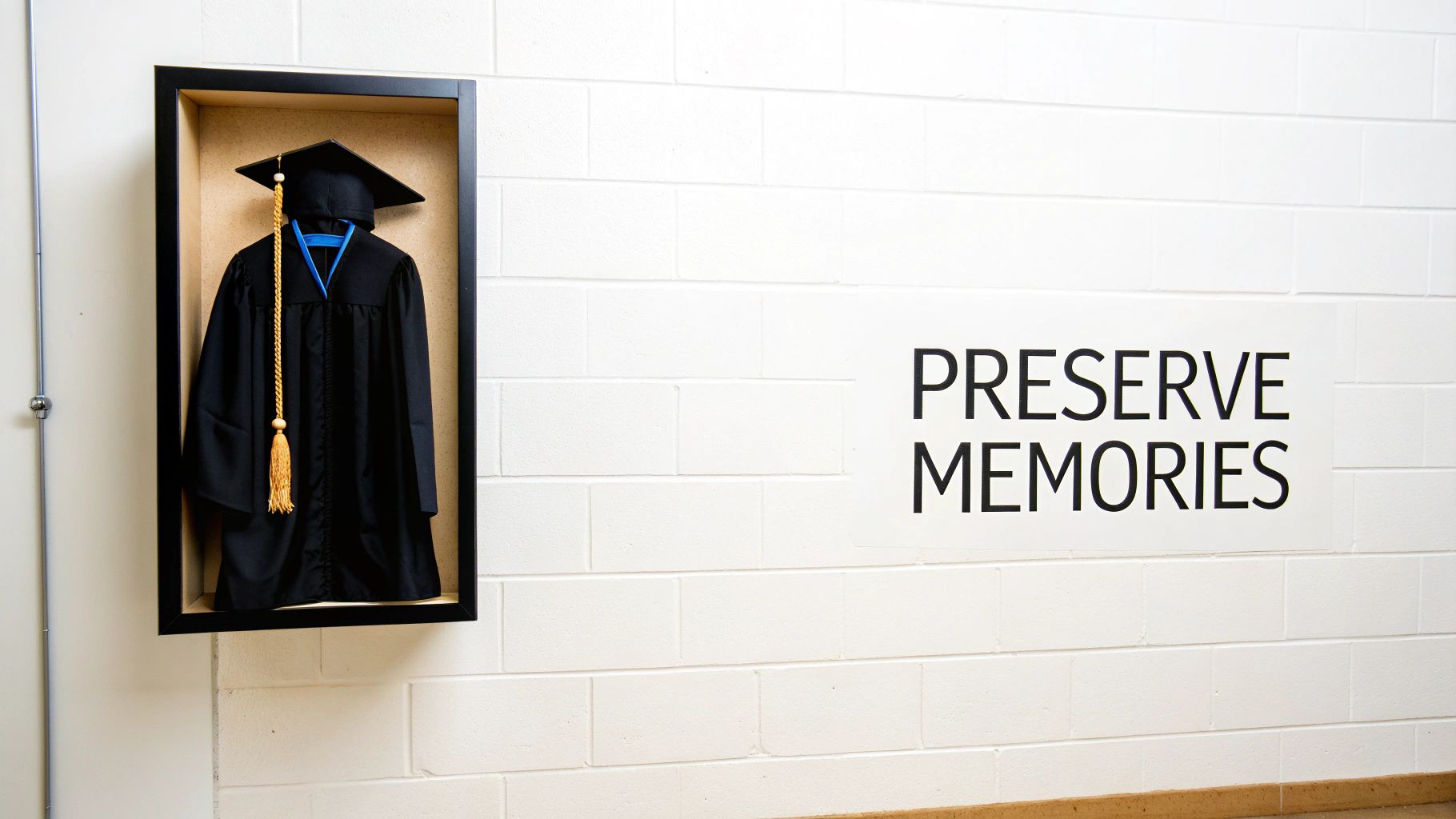 A black graduation cap and gown with a gold tassel displayed in a shadow box on a white brick wall.
