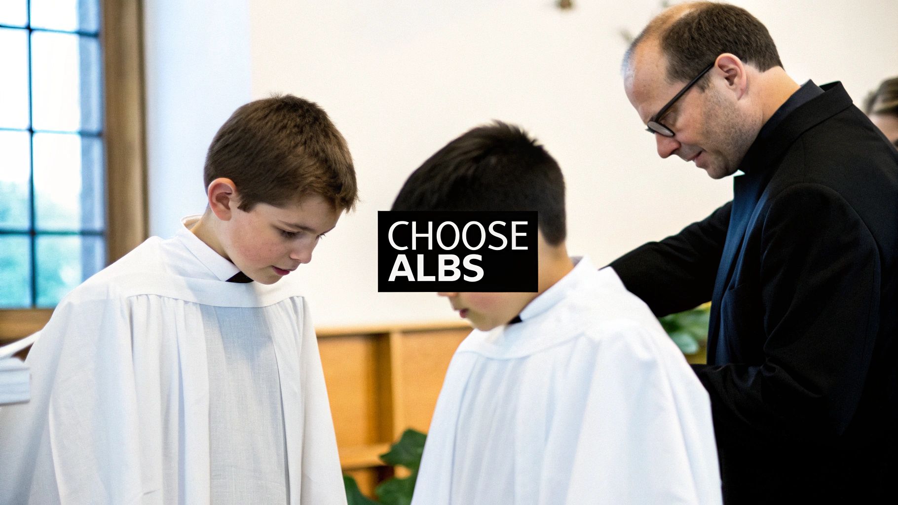 Two young boys in white albs standing with a man, likely preparing for a church service.