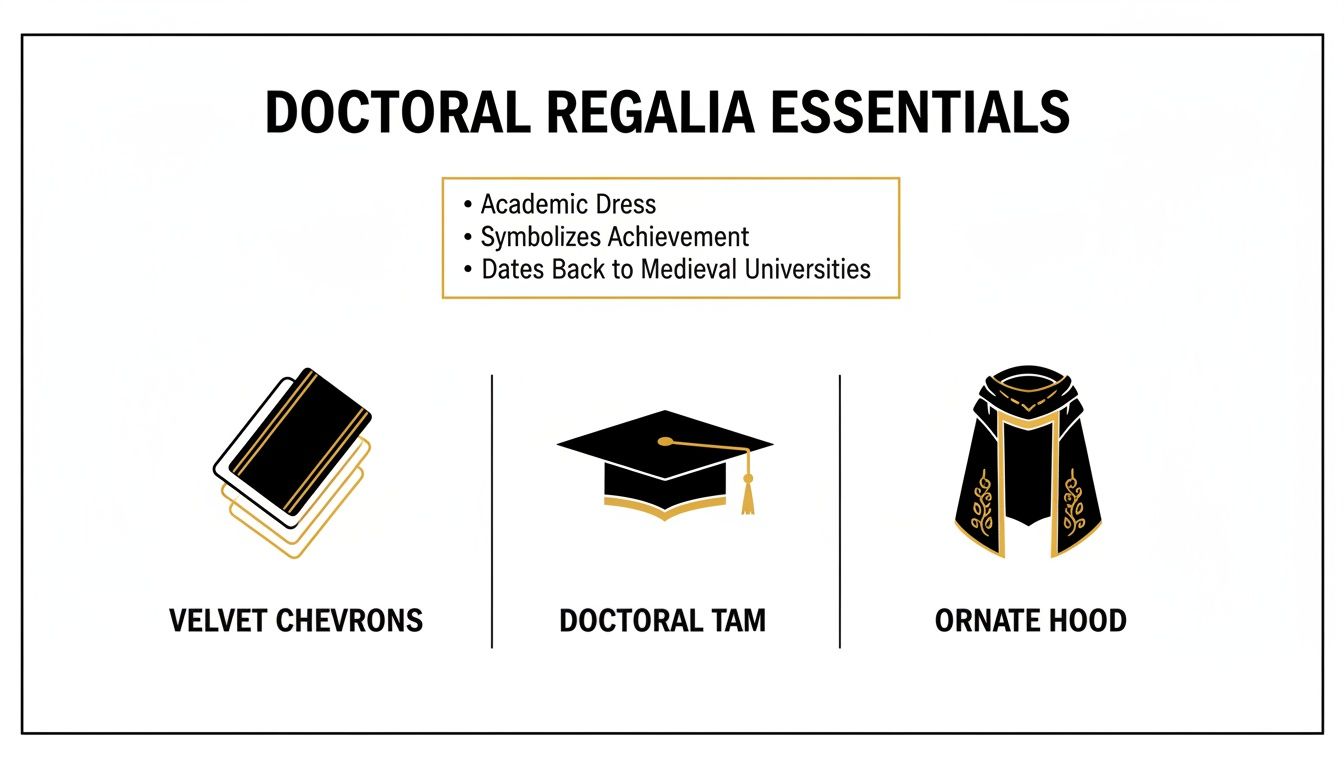 Infographic showing doctoral regalia essentials: velvet chevrons, doctoral tam, and an ornate hood.