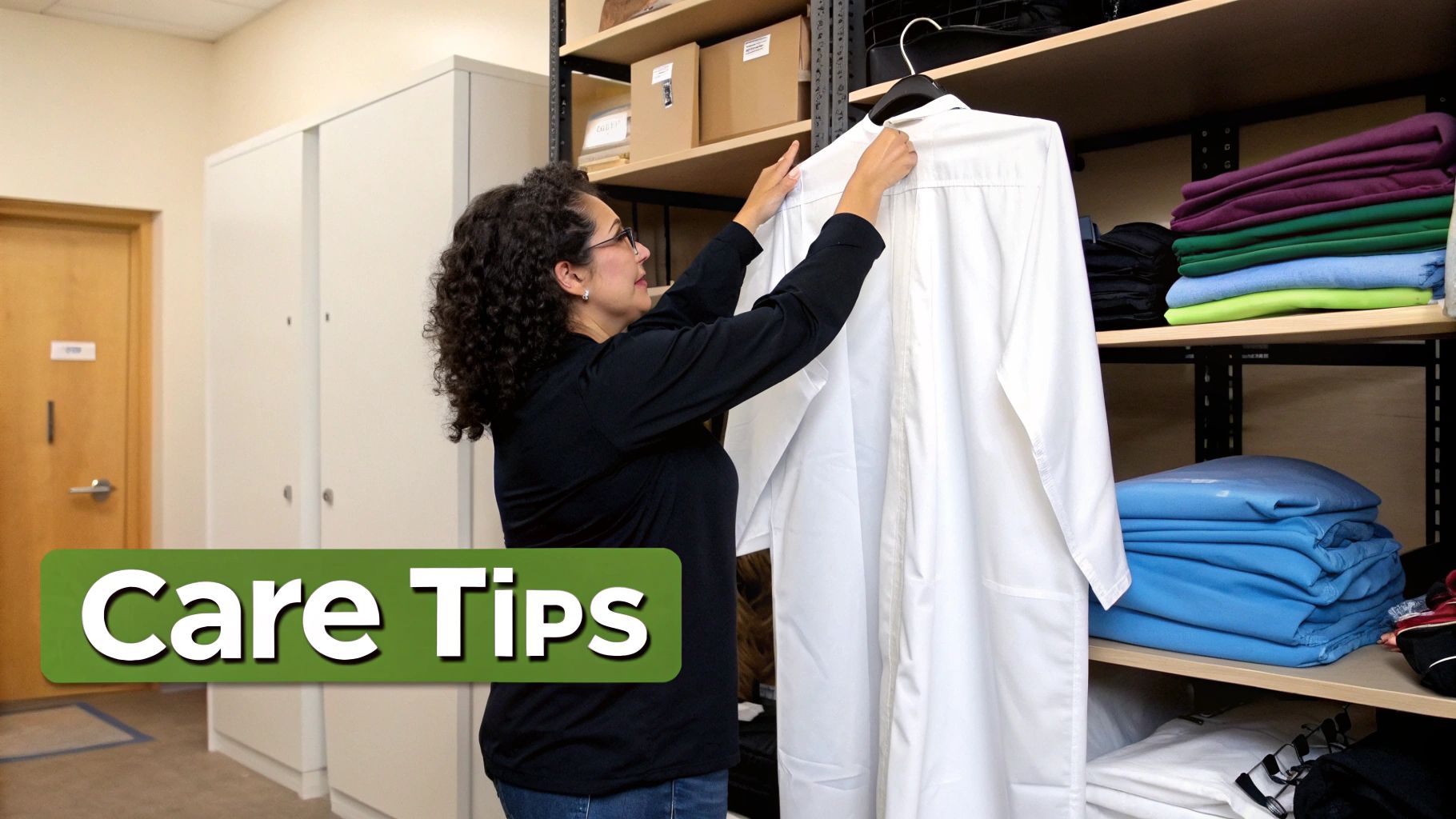 A woman carefully hangs a white choir robe on a hanger in a room with shelves of folded garments.