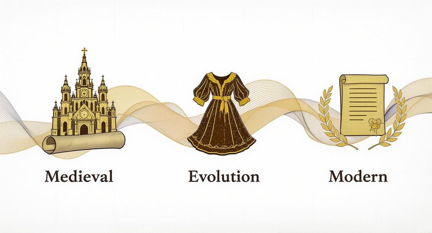 Historical timeline showing medieval cathedral, renaissance dress, and modern document representing academic tradition evolution