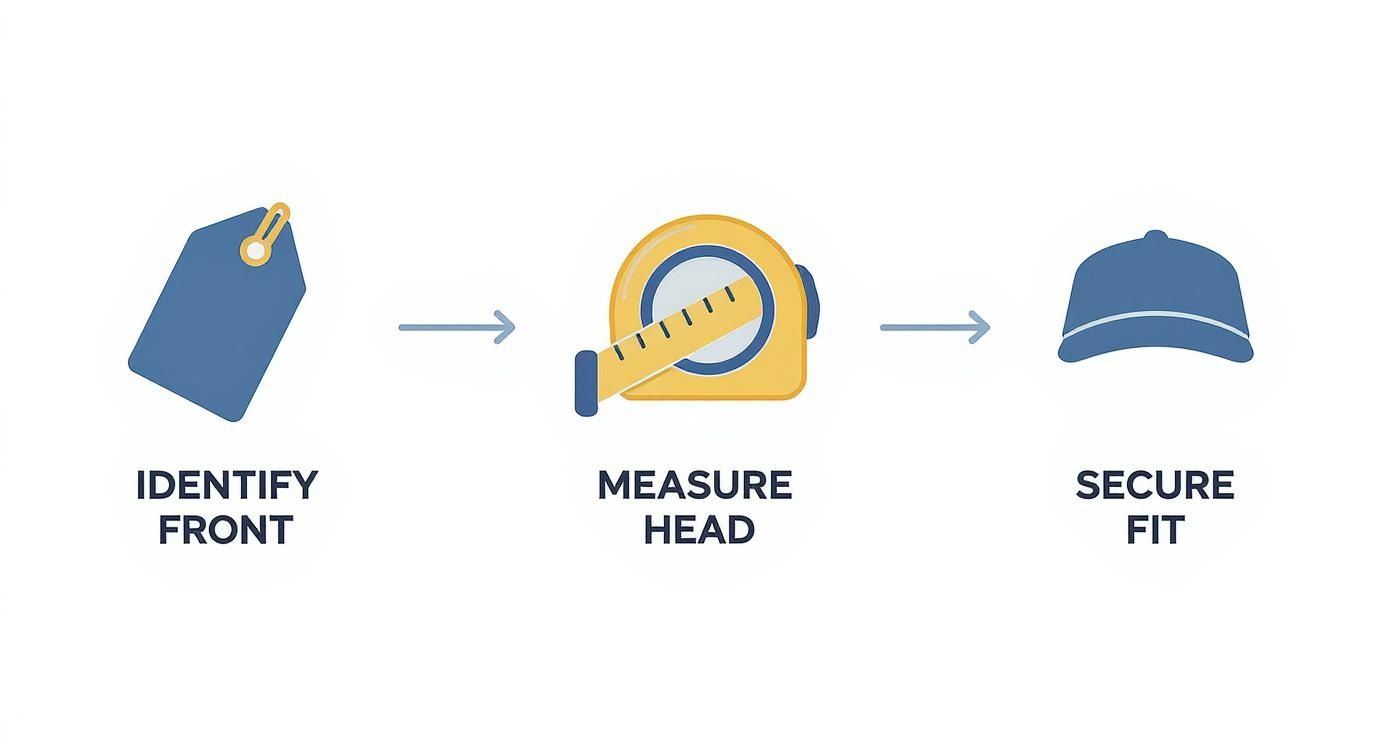 A three-step guide for fitting a cap: identify front, measure head, and secure a snug fit.